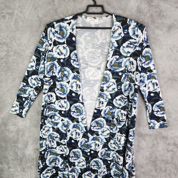 Women's LuLaRoe Long Open Cardigan Blue White Floral Pockets Size L - Picture 4 of 12